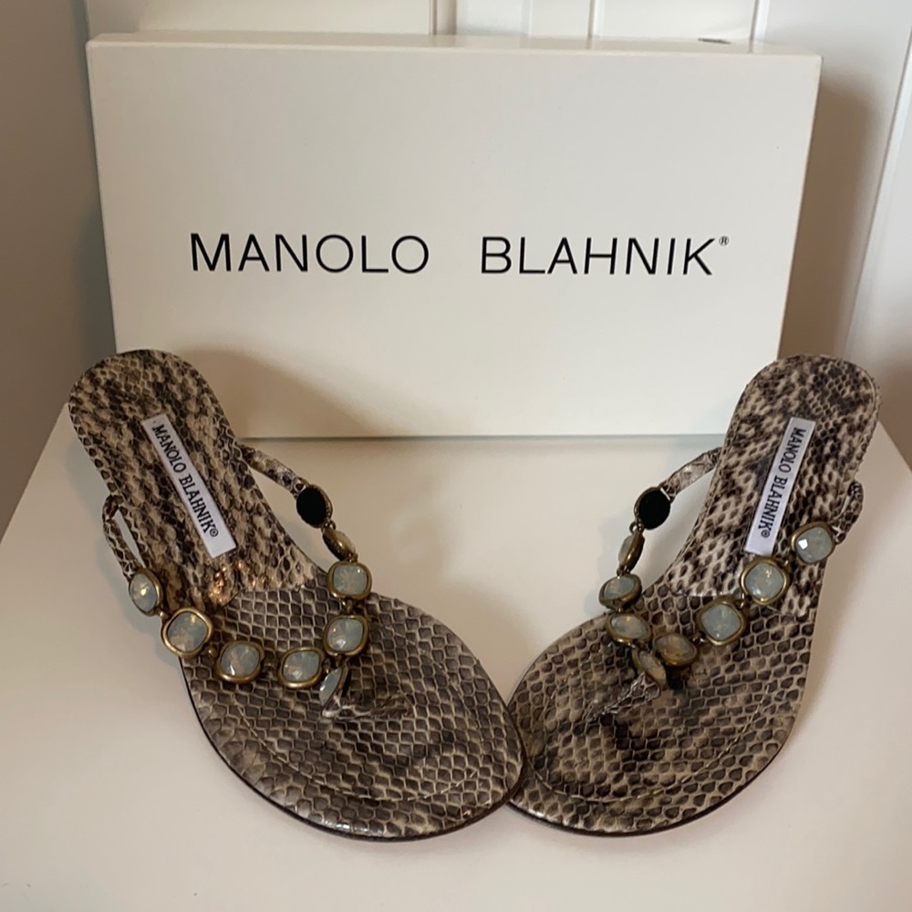 Manolo Blahnik Snake-Print Jeweled Thong Kitten Heel Sandals